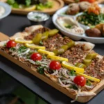 Lahm Biajeen on a wooden board garnished with tomatoes, pickles, and lemon slices.
