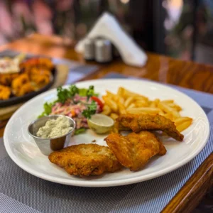 Breaded chicken strips served with coleslaw, fries, a lime wedge, and house sauce on a white plate.